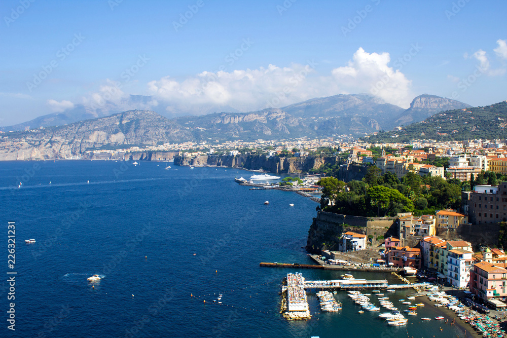 Panoramic view of the city and sea on the sunny day.Sorrento.Italy.