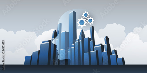 Smart City, Automated Digital Control, Deep Learning, Artificial Intelligence and Future Technology Concept Design with City Skyline and Human Head - Vector Illustration