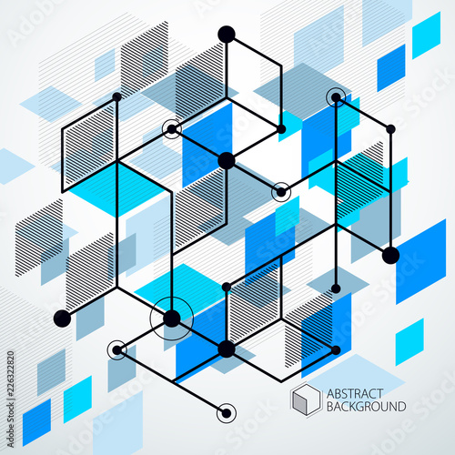 Abstract creative geometric art with a variety of geometric elements blue background, vector illustration. Perspective blueprint of mechanism, scheme. Perfect background for your design projects
