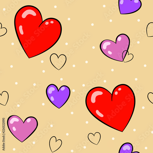 Seamless pattern with set of hearts on beige background.