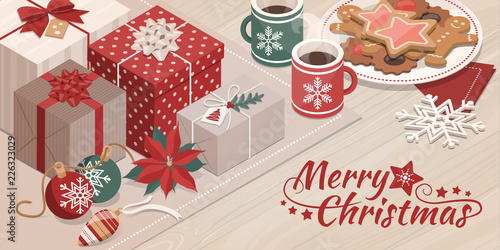 Gifts and Christmas decorations on a table