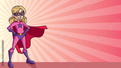 Illustration of a super heroine girl smiling happy while wearing a red cape against ray light background for copy space.