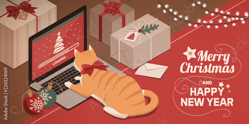 Cat watching Christmas app loading on the laptop
