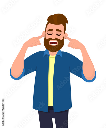 Man covering ears with fingers with annoyed expression for the noise of loud sound or music while eyes closed isolated standing in white background. Concept illustration in vector cartoon style.