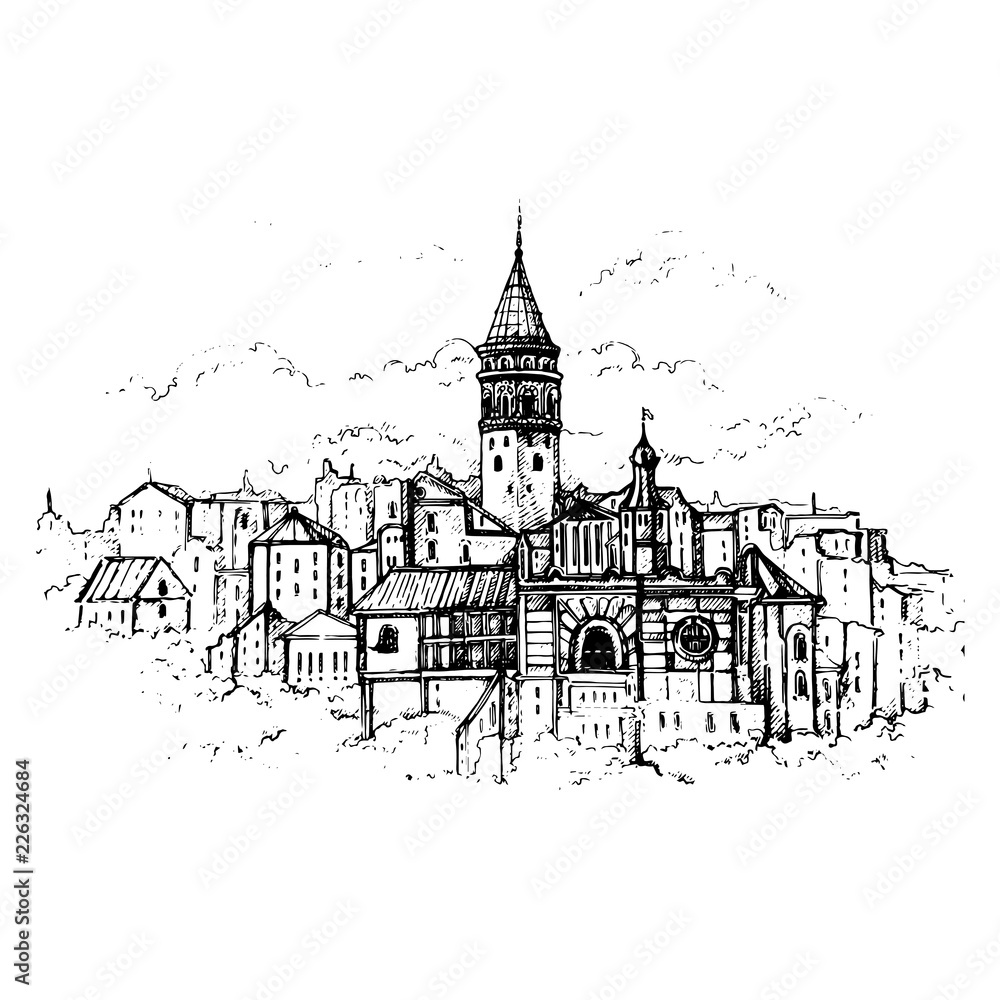 Golden Horn, Istanbul, Turkey.Sketch  Galata Tower and Karakoy quarter the street in the Old Town of Istanbul.Vector sketchy illustration for print, card, poster design.
