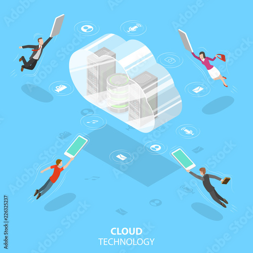 Isometric flat vector concept of cloud computing technology, data storage and hostiung, big data.