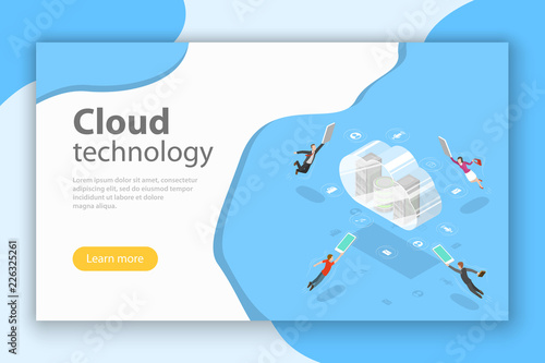 Isometric flat vector concept of cloud computing technology, data storage and hostiung, big data.