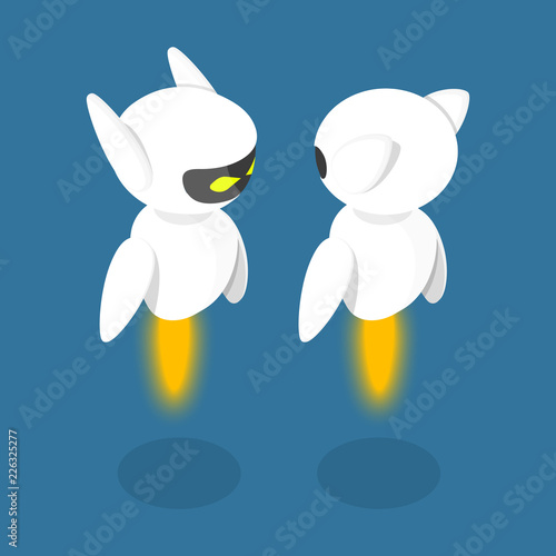 Flat isometric vector illustration. Fron and back view of a flying robot.