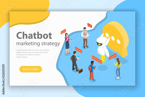Flat isometric vector concept of chatbot markting strategy, ai, artificial intelligence, customer support.