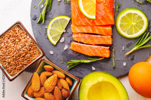 Omega 3 sources - fish, avocado, nuts, linen seeds, egg