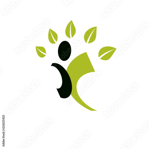 Vector illustration of excited abstract  man with raised reaching up. Go green idea creative logo. Wanderlust and countryside vacation idea symbol.