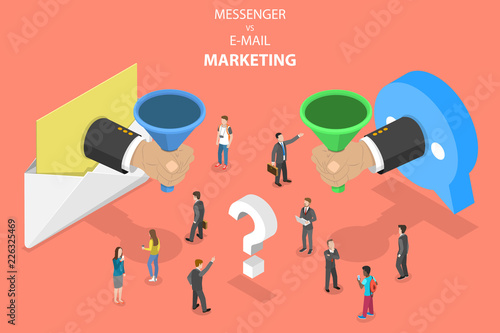 Isometric vector concept of e-mail vs messenger marketing, advertising campaign, digital promotion.