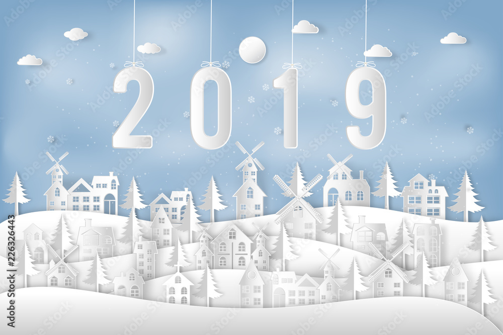 Happy new year 2019 in the snow village in the winter background as holiday , x'mas and merry christmas day concept. vector illustration.
