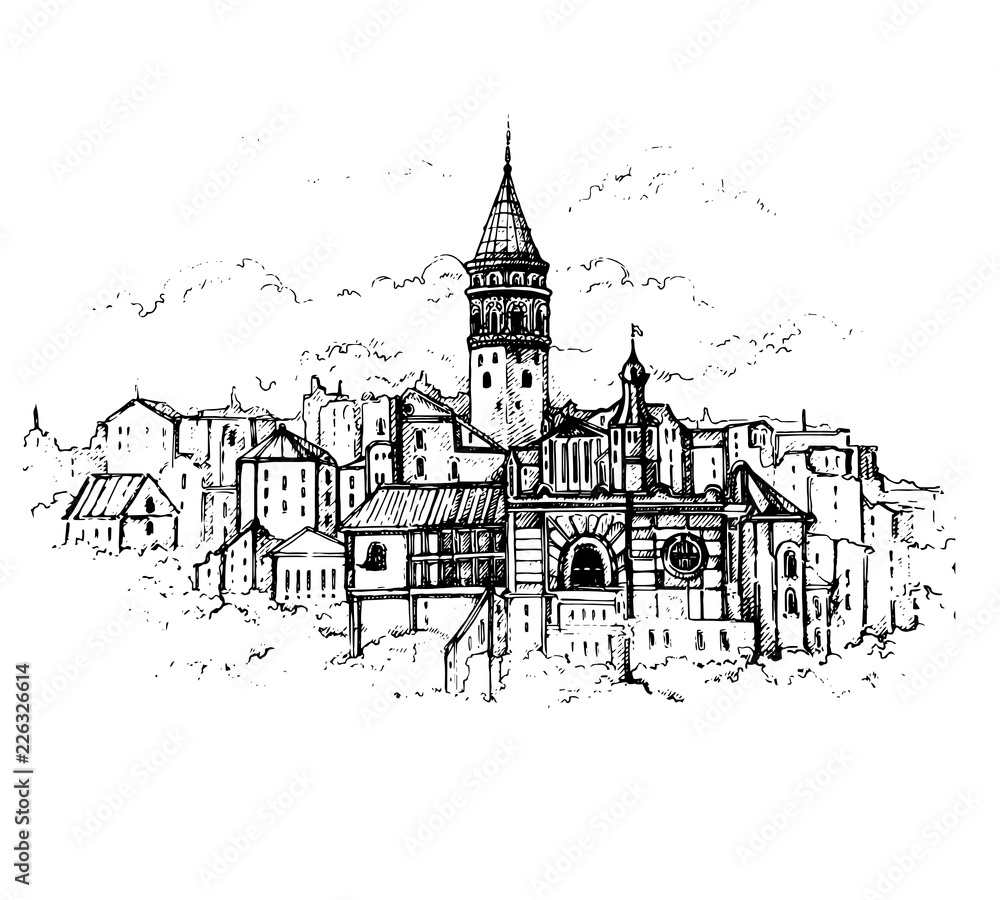 Golden Horn, Istanbul, Turkey.Sketch  Galata Tower and Karakoy quarter the street in the Old Town of Istanbul.Vector sketchy illustration for print, card, poster design.