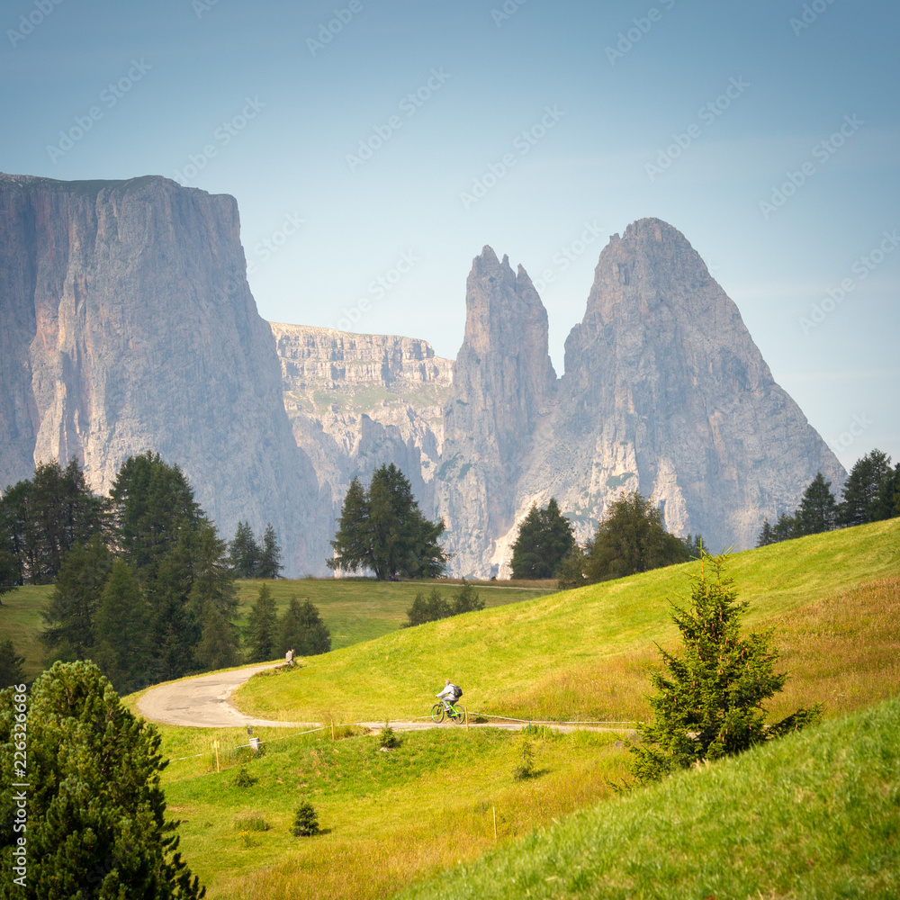 Cycling in Seiser Alm, Dolomites Alps, Trentino Alto Adige, Italy