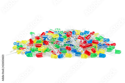 Pile of new red,yellow,green,blue and crystal clear 5mm LED's isolated on white background