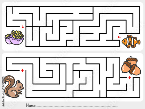 Maze game: Help clownfish find the way to sea anemone and help squirrel  find the way to nuts