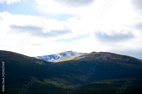 秋のカナディアンロッキー バンフ国立公園の黄葉の山並み（カナダ・アルバータ州）