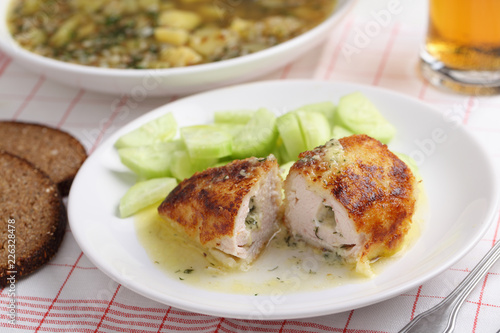 Chicken Kiev and buckwheat soup