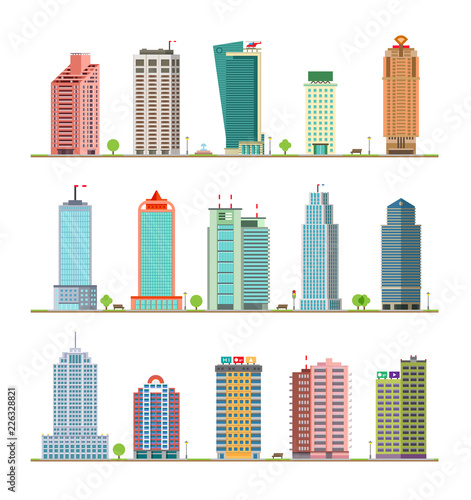 Modern City Buildings and Houses. Flat Vector Icons Set.