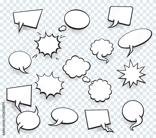 Set of blank template in Pop Art style. Vector Comic Text Speech Bubble Halftone Dot Background. Empty Cloud of Comics book dialog Space for Cartoon Box pop-art.