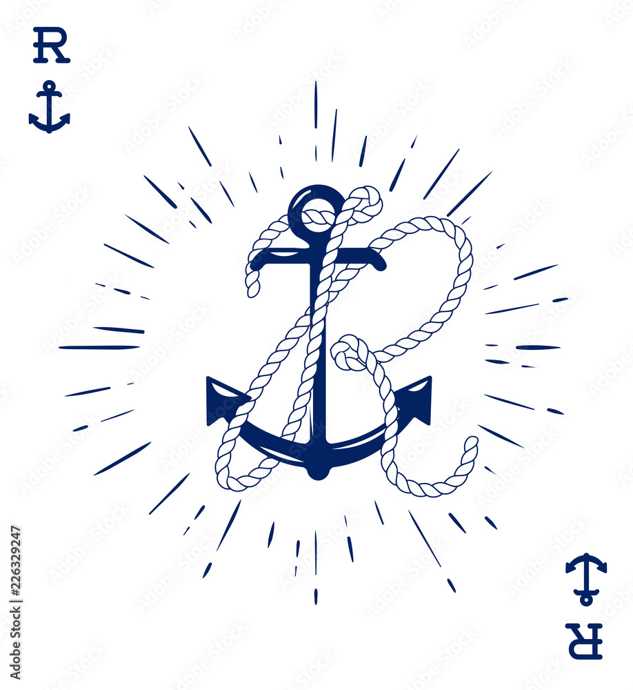 Vintage Label with an Anchor and Letter made of Ship Rope. Apparel t-shirt or Poster Design. Logotype Monogram with Playing Cards Style. Vector illustration.