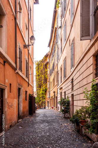 Narrow street in the central part of Rome with yellow leaves on the building