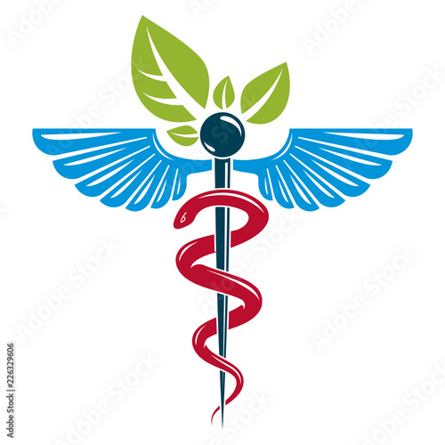 Caduceus symbol composed with poisonous snakes and bird wings, healthcare conceptual vector illustration. Alternative medicine theme.
