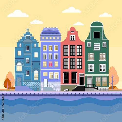 Vector illustration of a beautiful autumn city with town building background.Flat design urban landscape illustration.
