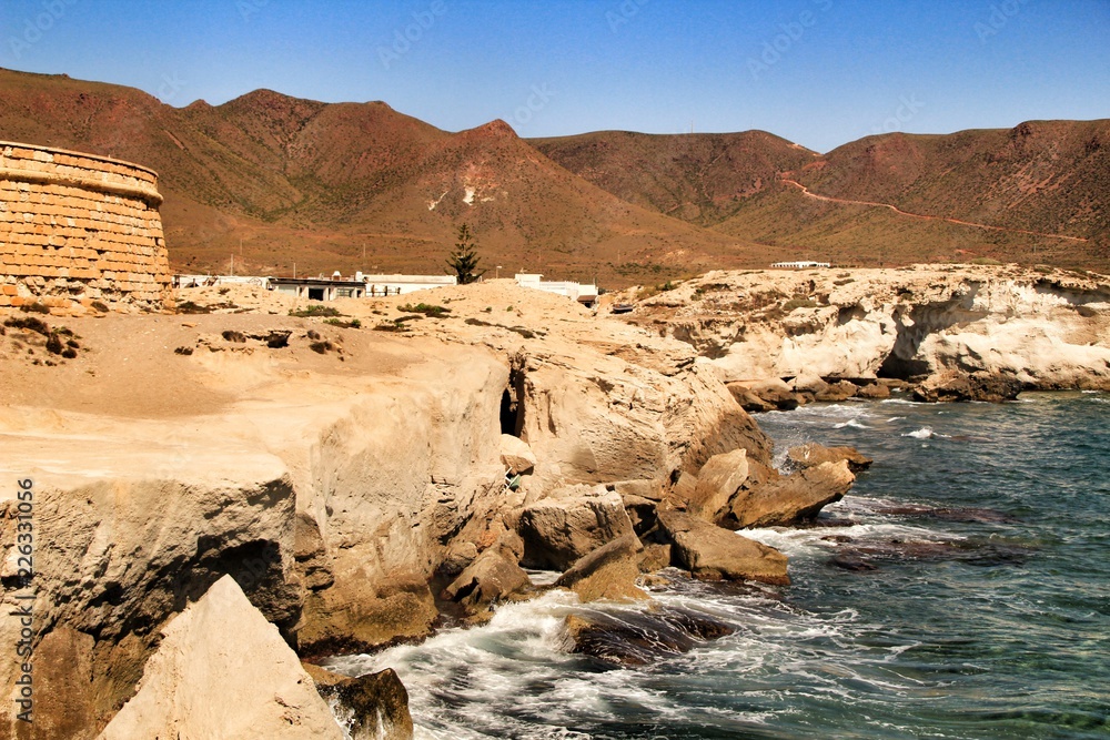 Fototapeta premium Los Escullos beach with fossilized dunes in Cabo de Gata, Almeria