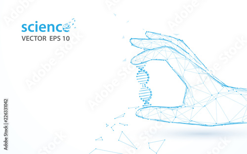 Hand holding DNA structure form lines, triangles and particle style design. Illustration vector