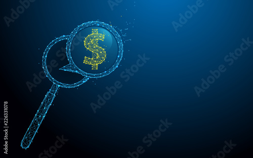 Magnifier with money icon form lines, triangles and particle style design. Illustration vector