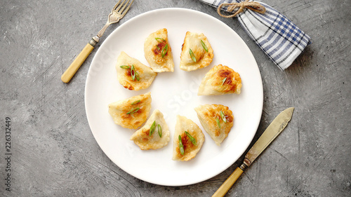 Fried dumplings with meat filling sprinkled with fresh chive on a white plate. Top view on gray stone background