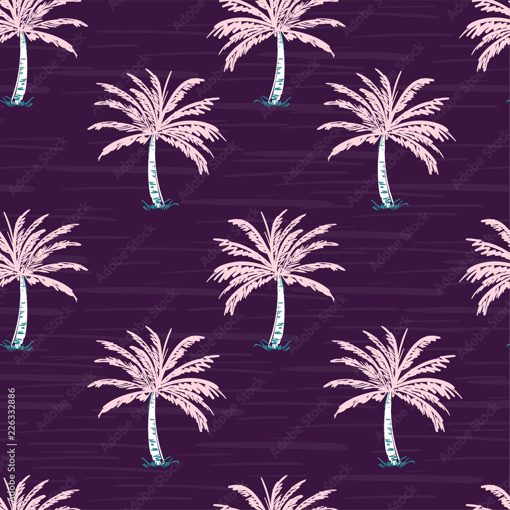 Sweet pink  palm trees on the dark violet  background. Vector seamless pattern.