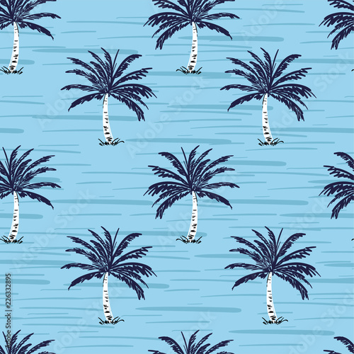 Navy blue palm trees on the sky blue background. Vector seamless pattern. T