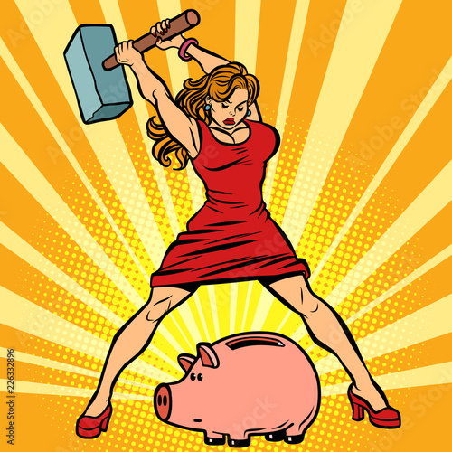woman breaks piggy Bank. Finance, Economics and consumption