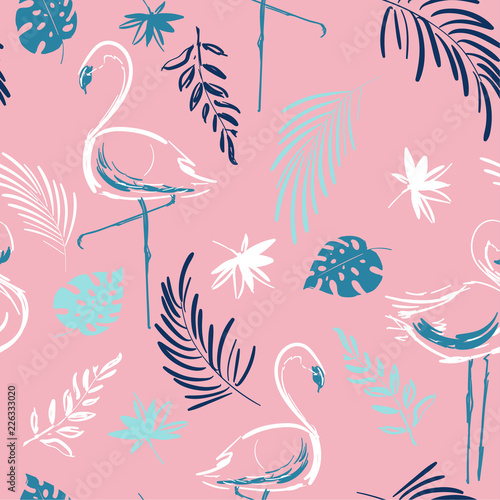Beautiful hand drawing  tropical motif vector flamingo bird,leaves,tropical leaves,pattern.