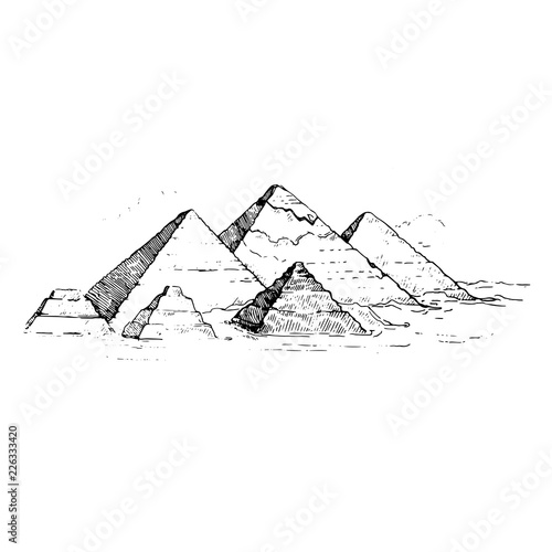 Egypt. Cairo - Giza. General view of pyramids from the Giza Plateau (three pyramids known as Queens' Pyramids on front side; next in order from left: the Pyramid of Menkaure, Khafre and Chufu.Sketch