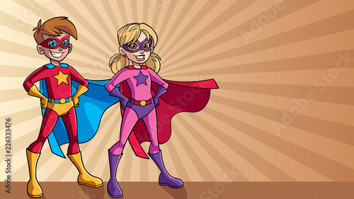 Illustration of a super children smiling happy while wearing capes against ray light background for copy space.