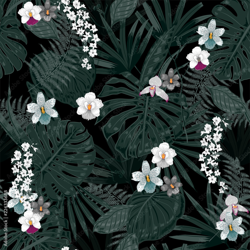 Naklejka Egzotyczny tropikalny wektorowy tło z hawajskimi roślinami i kwiatami. Bez szwu ciemny tropikalny wzór