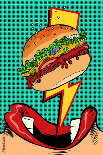 Woman eating Burger. Pop art style. Female mouth