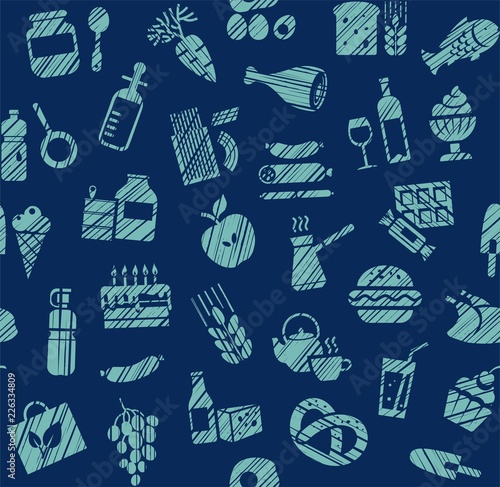 Food, seamless pattern, grocery store, pencil shading, color, blue, vector. Food and drinks, production and sale. Blue icons on a dark blue field.  