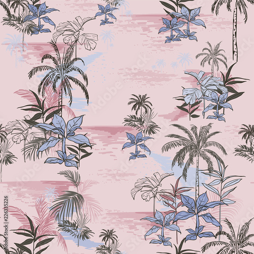 Vector of hawaiian tropical print Island seamless pattern print for summer vibes with leaves ,trees, plants,, summer flowers