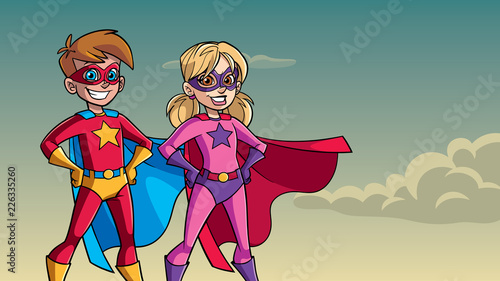Illustration of superhero children smiling happy while wearing capes against sky background for copy space.