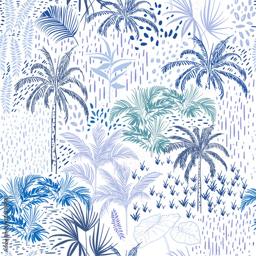 Beautiful seamless itropical forest pattern on white background. Landscape with palm trees,exotic wild and plants