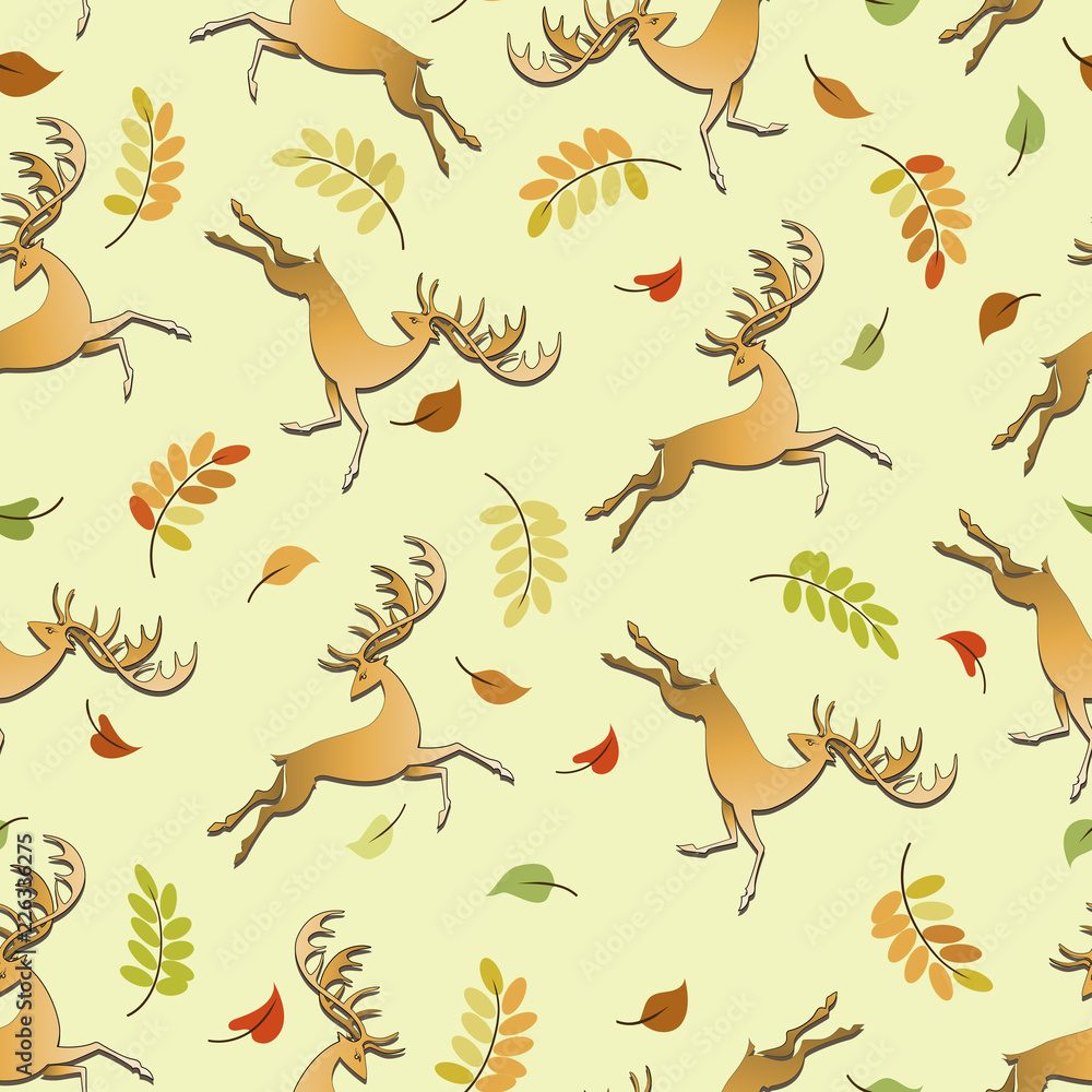 Obraz premium Noble deer. Falling colored leaves. Seamless pattern. Autumn leaves and deers on a light background. Design for background, textiles and packaging materials.