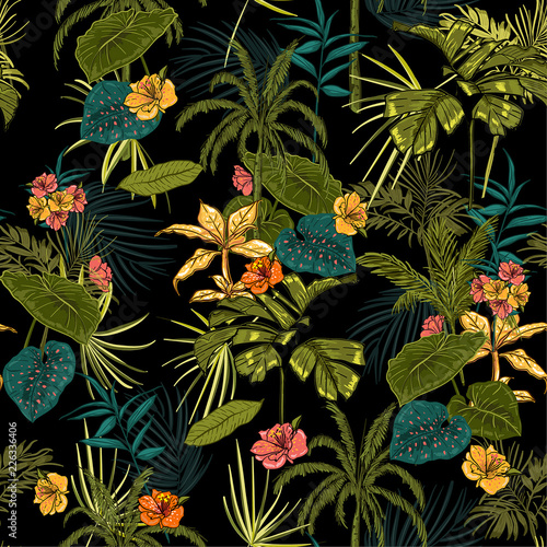 vector seamless beautiful artistic dark tropical pattern with exotic forest. Colorful original stylish floral background print