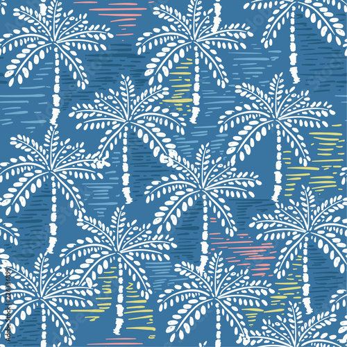 Vector seamless pattern of hand drawing forest for summer tropical prints mixed with colorful hand painting stripe and exotic trees
