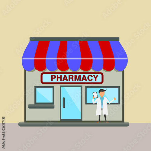Miniature Pharmacy shop or Drugstore .Vector illustration.