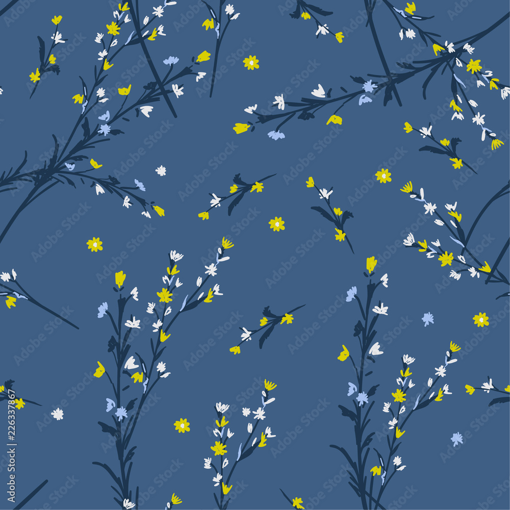 Seamless Pattern wind blow flowers, Isolated on blue color. Botanical Floral Decoration Texture. Vintage Style Design for Fabric Print, Seamless Pattern wind blow flowers, Isolated on blue color. Botanical Floral Decoration Texture. Vintage Style Design for Fabric Print,
